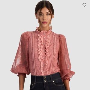 Alice + Olivia Eugenia Lace Blouse Bohemian Rose Pink Ruffle Mock Neck Size L